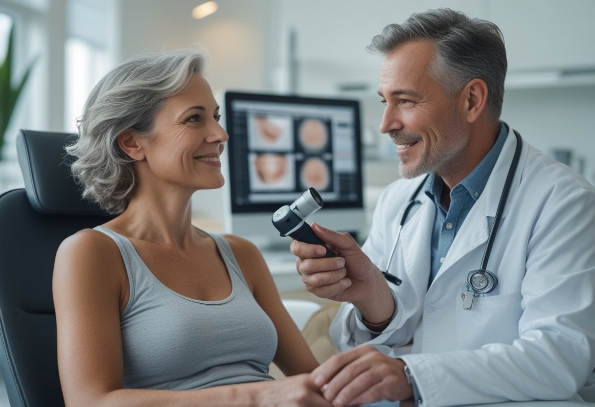A woman in her 50s having her skin examined by a dermatologist in a bright clinic.