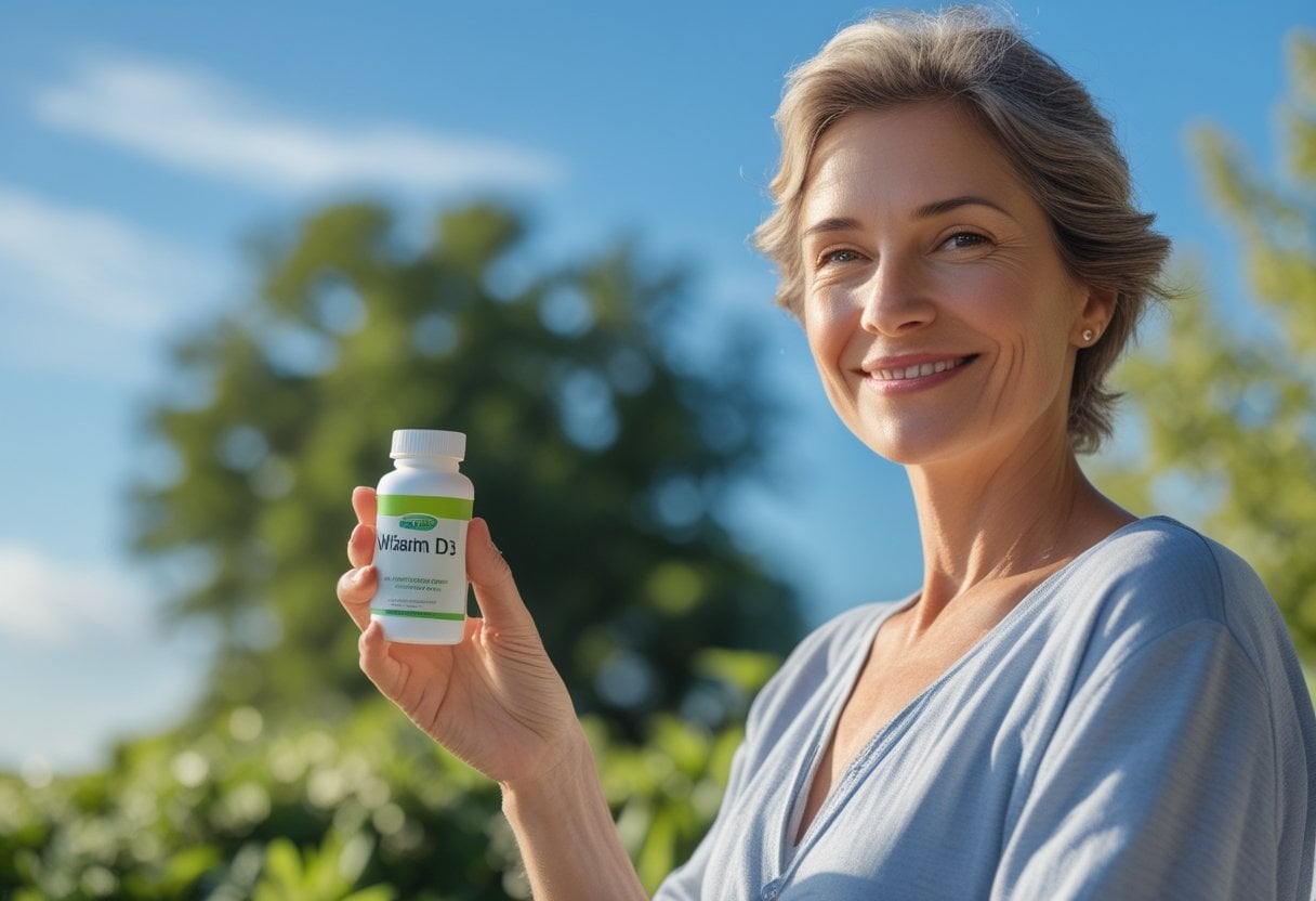 A smiling woman in her early 50s holding a bottle of vitamin D3 supplements and a glass of water outdoors on a sunny day.