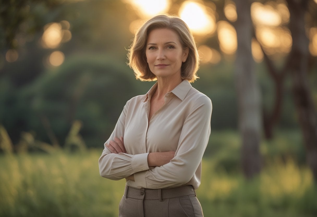 A confident mature woman standing outdoors with a calm expression, surrounded by greenery and warm sunlight.