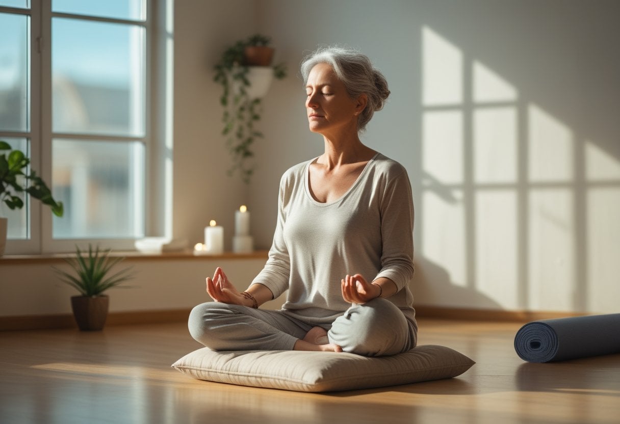 A mature woman sitting cross-legged on a cushion in a sunlit room, meditating with eyes closed and hands resting on her knees.
