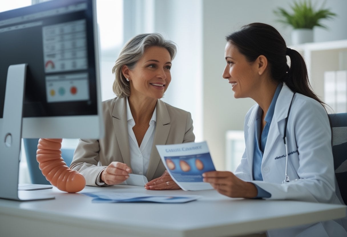 A middle-aged woman talking with a female doctor in a bright medical office, discussing health screening.
