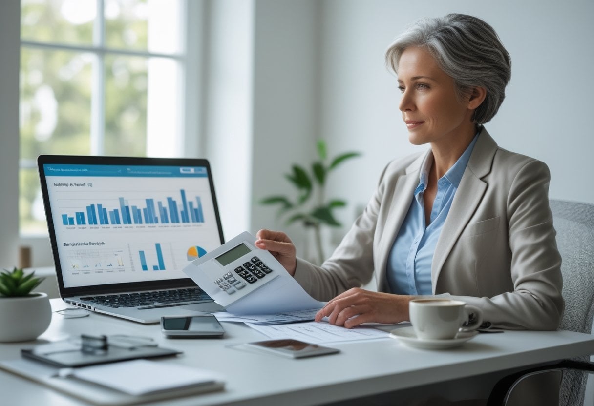A woman in her 50s sitting at a desk reviewing financial documents with a calculator and laptop.
