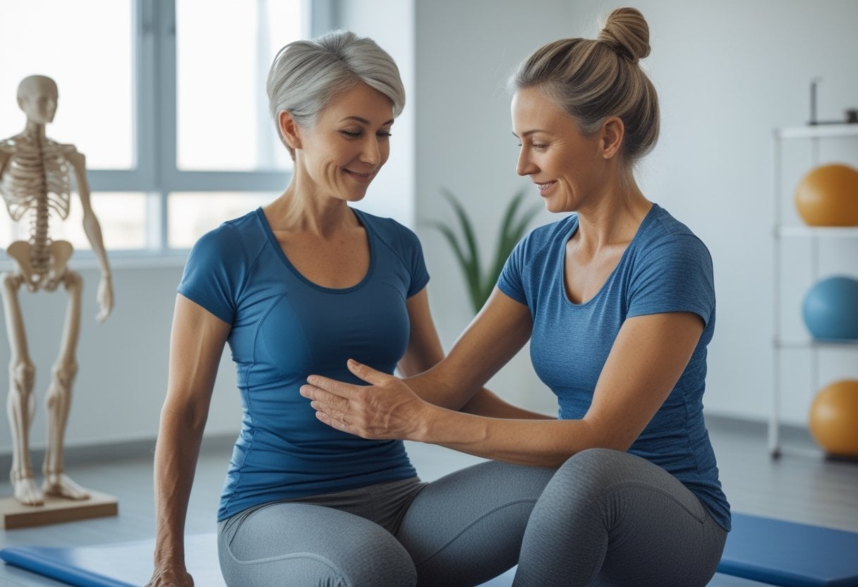 A woman in her 50s receiving pelvic health physical therapy from a female therapist in a bright therapy room.
