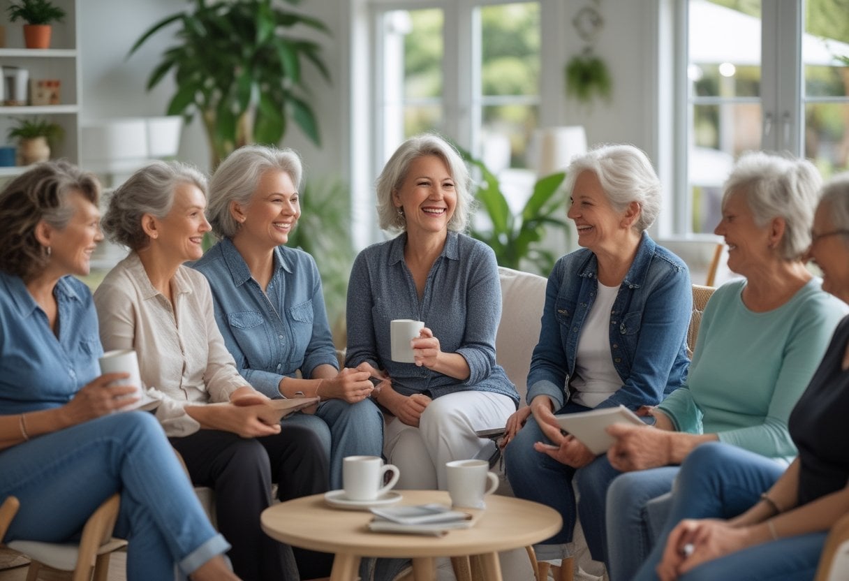A group of women over 50 sitting together in a cozy room, talking and smiling.