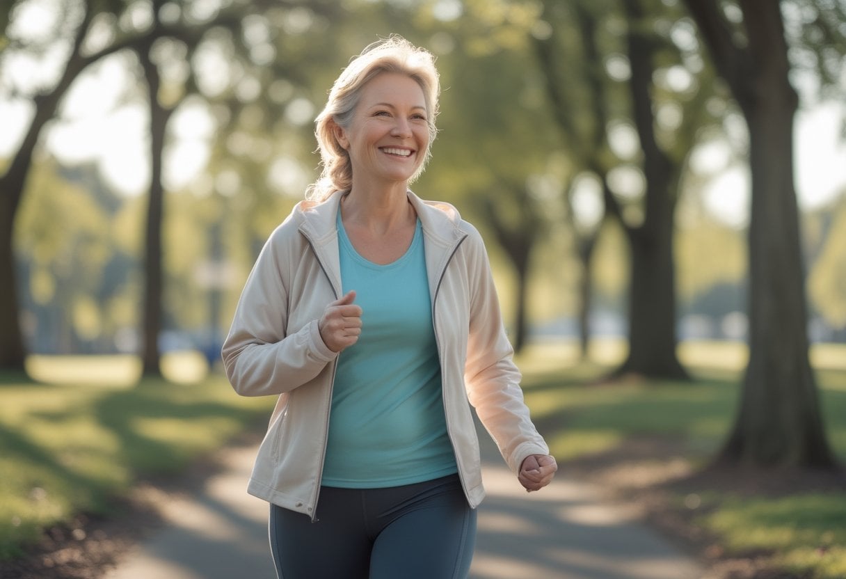A smiling woman in her early 50s walking on a paved path in a sunny park surrounded by green trees.