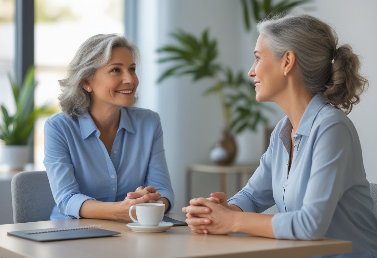 Two women in their 50s sitting in a bright office, one listening attentively while the other speaks thoughtfully, surrounded by plants and soft natural light.