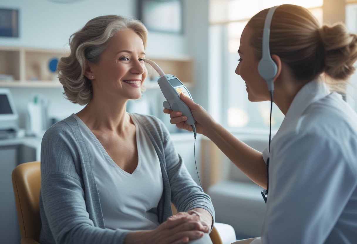 A middle-aged woman receiving a hearing test from a female audiologist in a bright medical clinic.