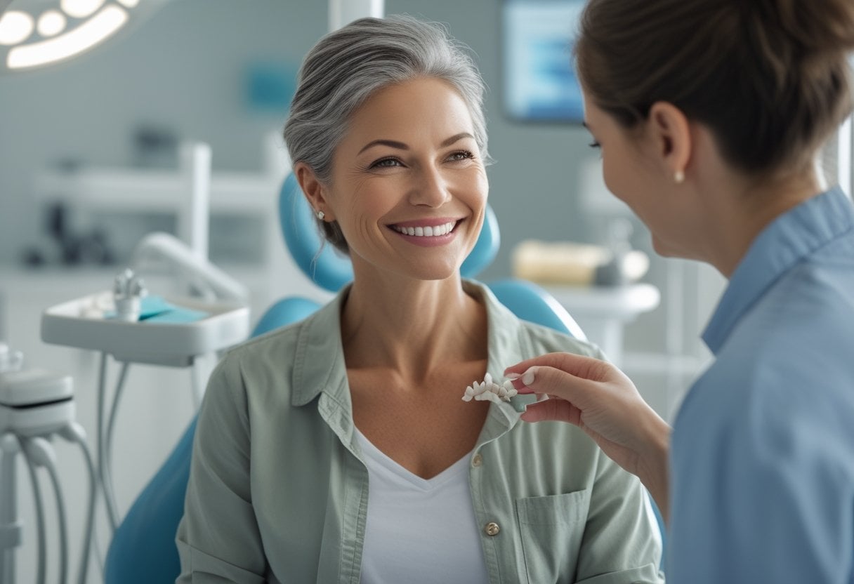 A smiling woman in her early 50s sitting in a dental office talking with a dental professional about dental care.