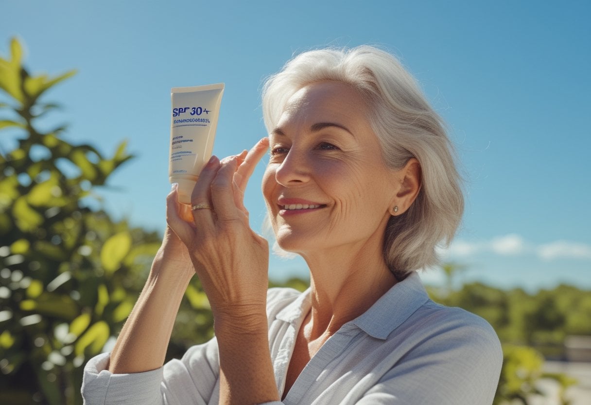 A mature woman applying sunscreen to her face outdoors on a sunny day.