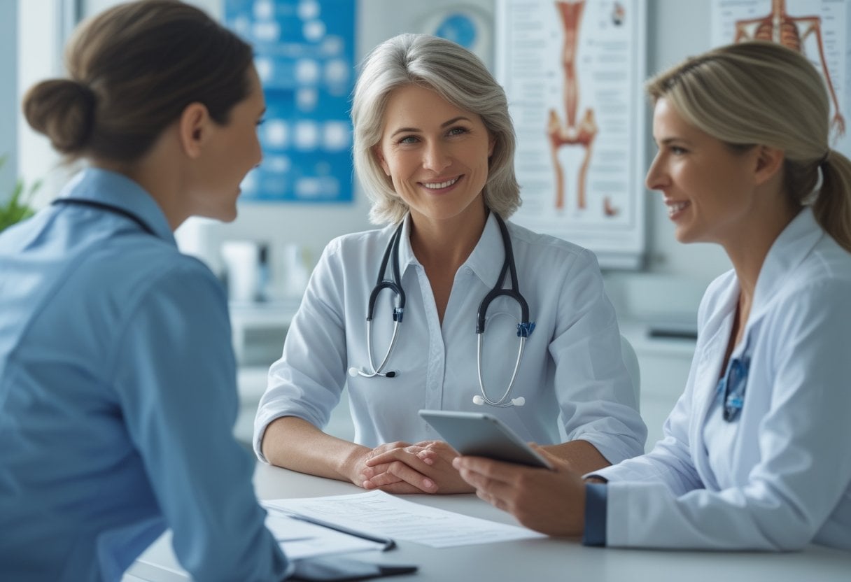 A woman in her 50s talking with a female healthcare professional in a medical office during a consultation.