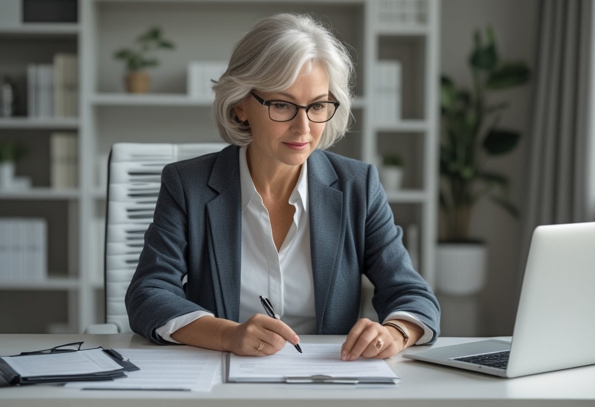 A mature woman sitting at a desk reviewing legal documents related to estate planning in a home office.