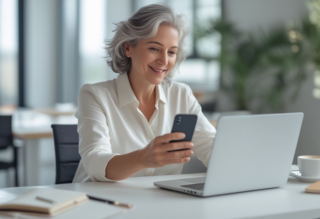 A smiling woman over 50 sitting at a desk, learning to use a smartphone with a laptop open in front of her.