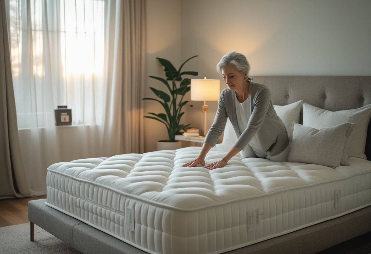 A mature woman testing the support of a mattress in a bright, neatly arranged bedroom.