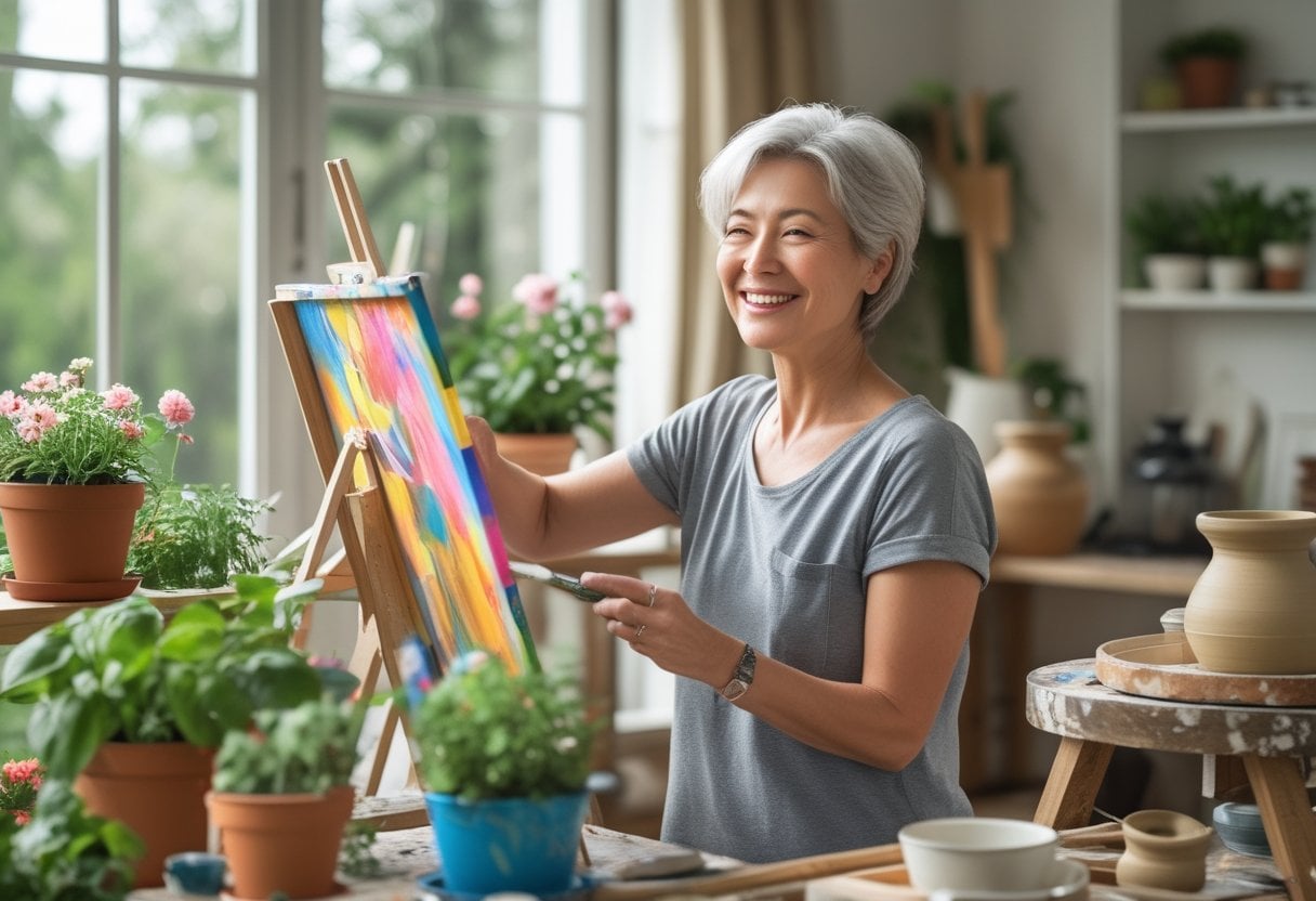 A woman over 50 happily painting on a canvas indoors, with gardening tools and pottery nearby.