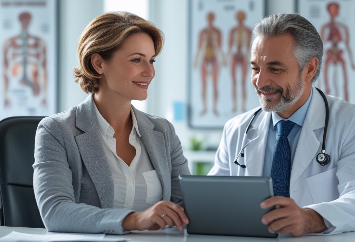 A woman in her 50s consulting with a doctor in a bright medical office, reviewing health information together.