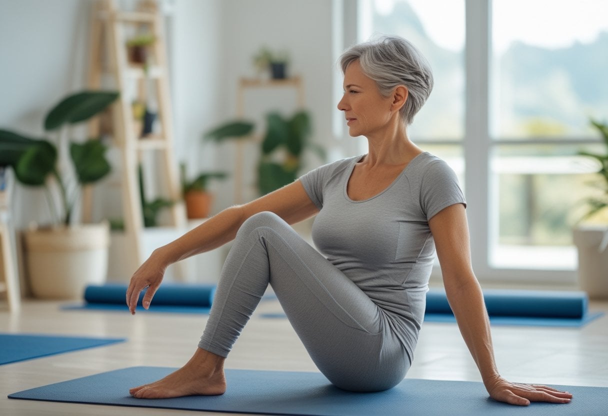 A mature woman over 50 stretching indoors on a yoga mat in a bright room.