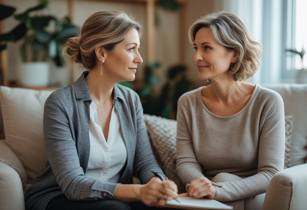 A middle-aged female therapist attentively listens to a woman over 50 during a counseling session in a cozy, softly lit room.