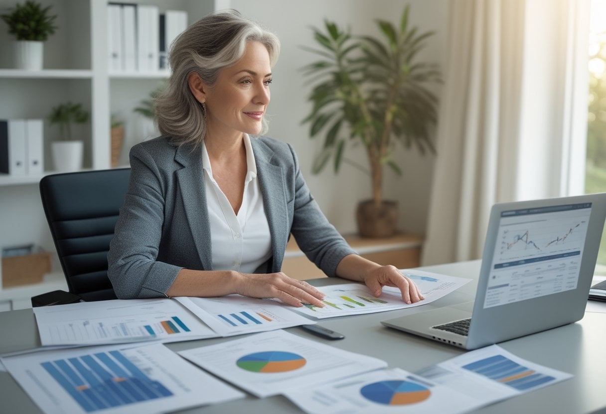 A mature woman in her 50s reviewing financial documents and a laptop with investment charts in a bright home office.