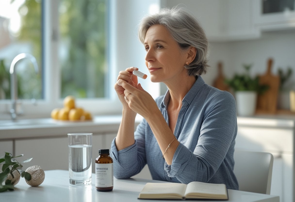 A mature woman sitting at a kitchen table taking a probiotic supplement with a glass of water, surrounded by natural light and healthy lifestyle elements.