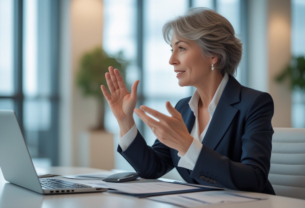 A confident woman over 50 sitting at a desk in an office, engaged in a discussion with gestures, surrounded by a laptop and documents.