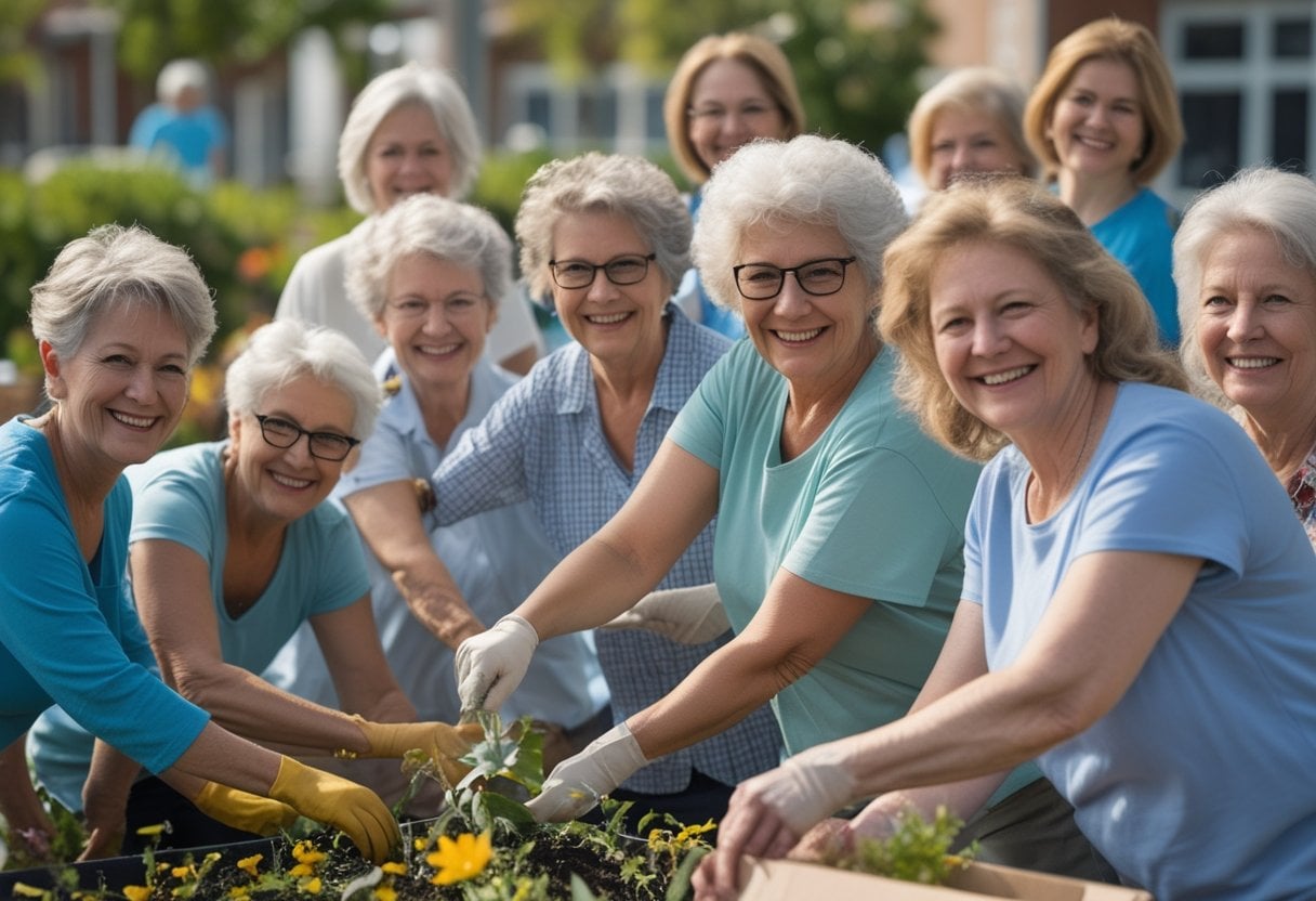 A group of women over 50 volunteering together outdoors, planting flowers and organizing donations in a community setting.