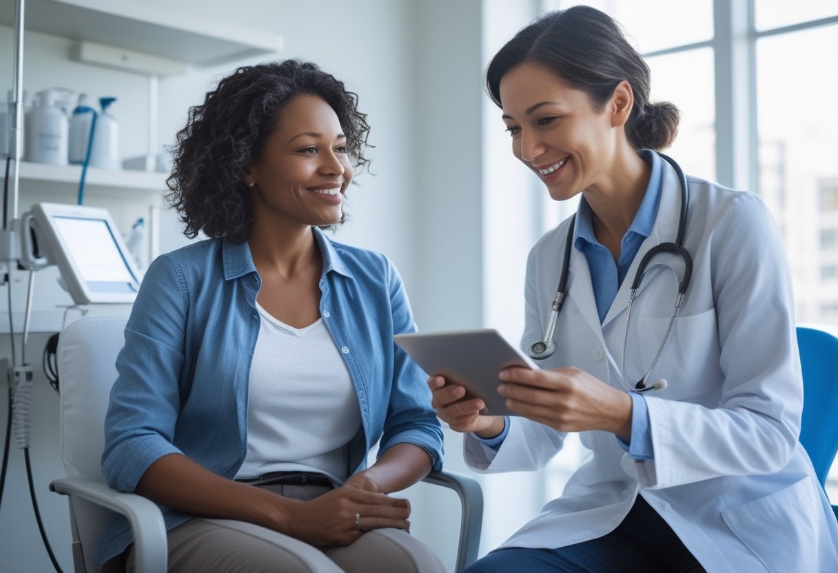 A middle-aged woman consulting with a female doctor in a bright medical office.