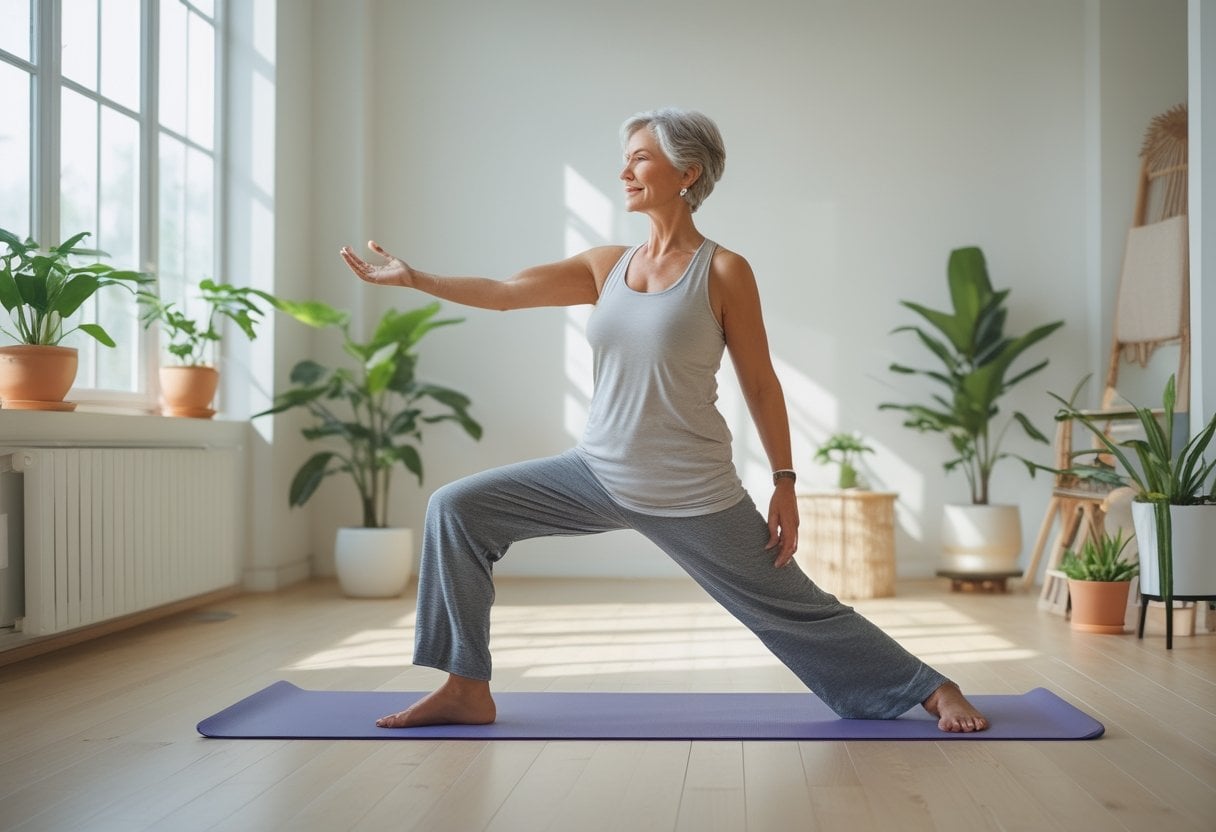 A mature woman practicing yoga in a bright, peaceful room with plants and sunlight.