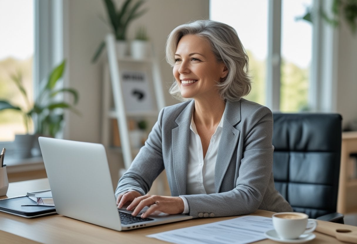 A confident woman in her early 50s sitting at a desk in a bright home office, working with a laptop and documents.