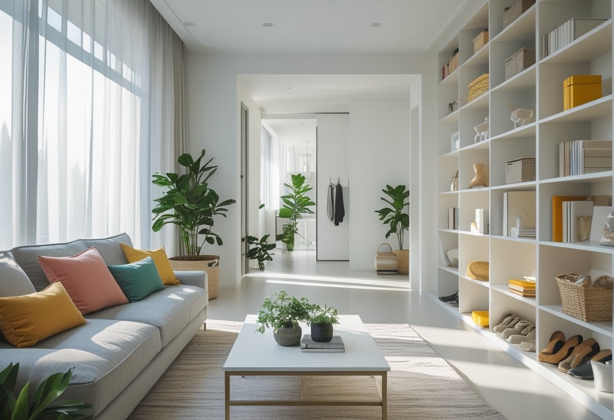 A clean and tidy living room with a sofa, coffee table, bookshelves, and a small indoor plant near a bright window.