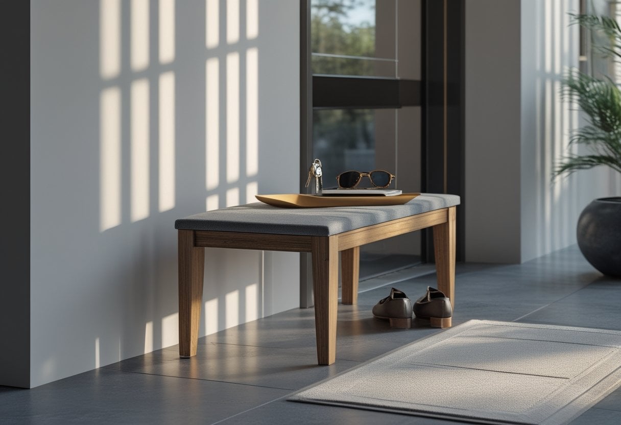 A front door area with a wooden bench holding a tray containing keys and small items, with shoes neatly placed on the floor nearby.