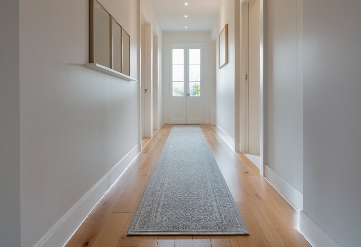 A narrow hallway with light walls, wooden floor, and a single runner rug leading to a doorway.