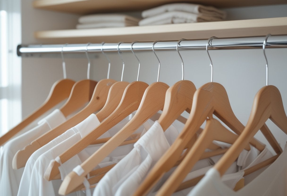 A closet with a row of identical wooden hangers evenly spaced on a metal rod in a tidy and well-lit space.