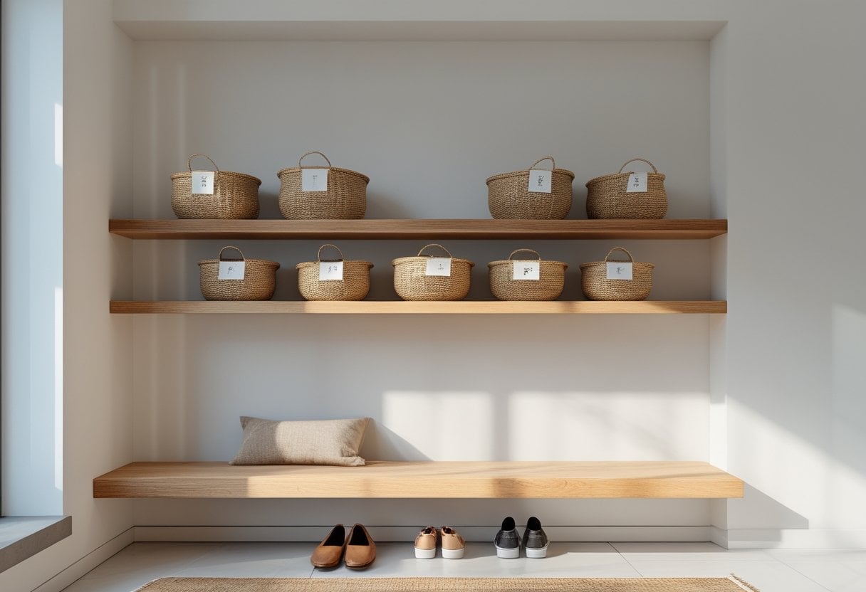 Entryway with a floating wooden shelf holding several woven baskets and a bench underneath with shoes placed neatly.