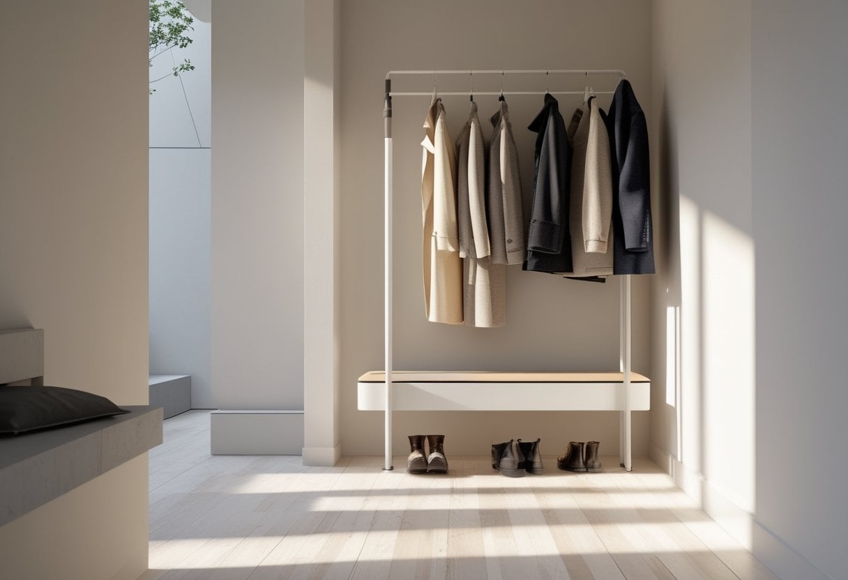 A minimalist coat rack holding a few season-appropriate coats in a tidy home entryway with a bench and shoes nearby.