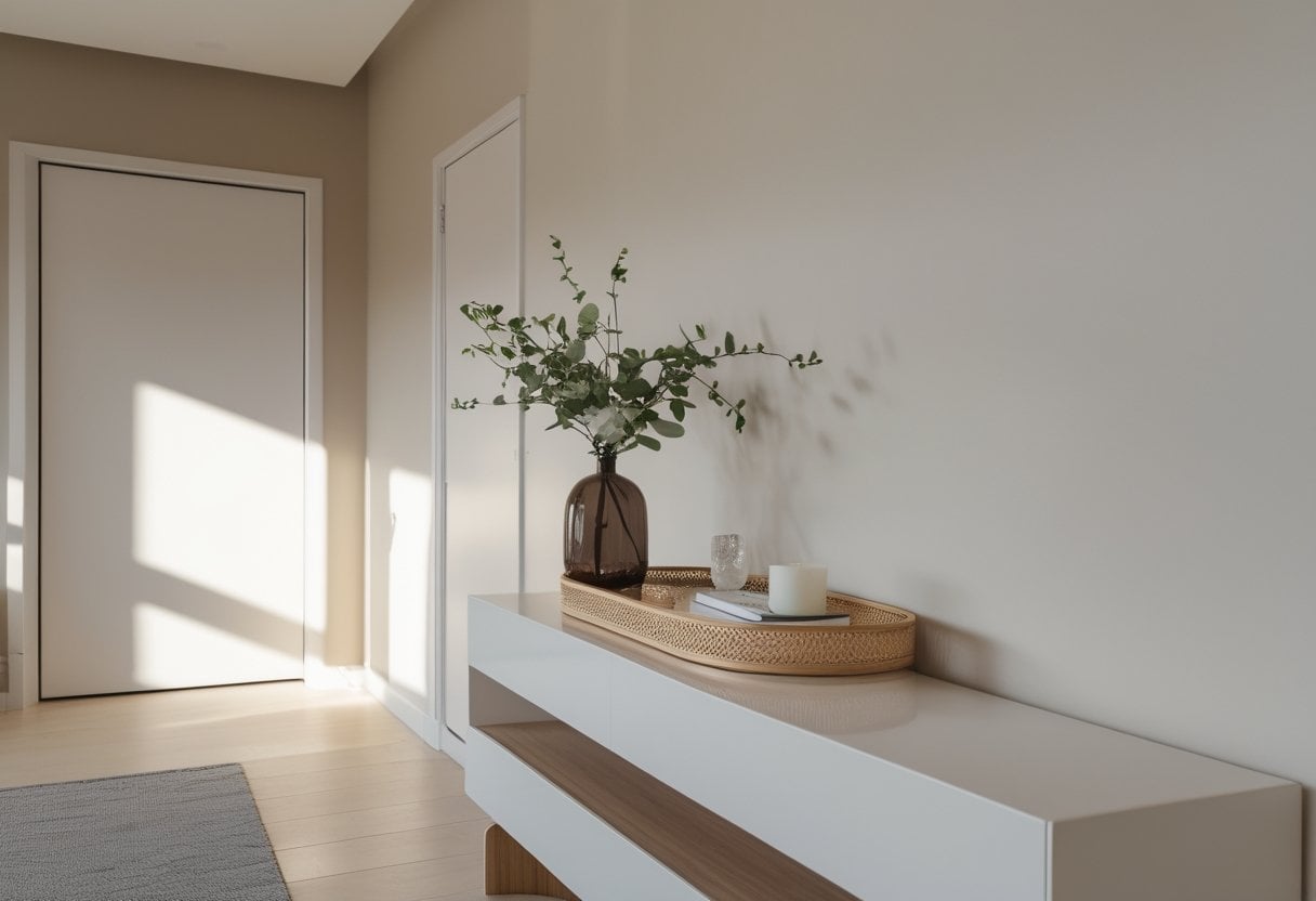 A modern console table with a single decorative tray holding a small vase, candle, and coasters in a tidy living room.