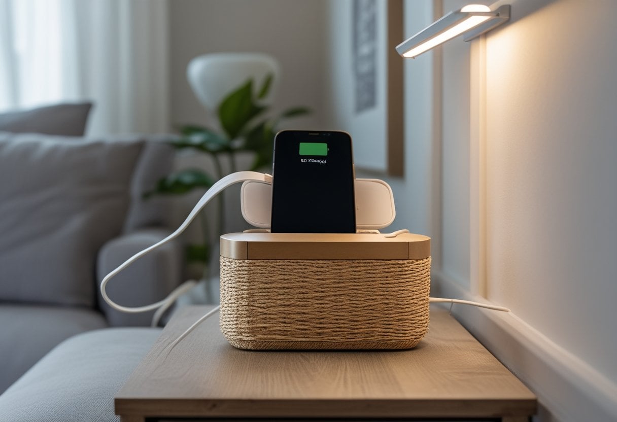 A woven box on a wooden table hides a charging station with cables, surrounded by home decor items.