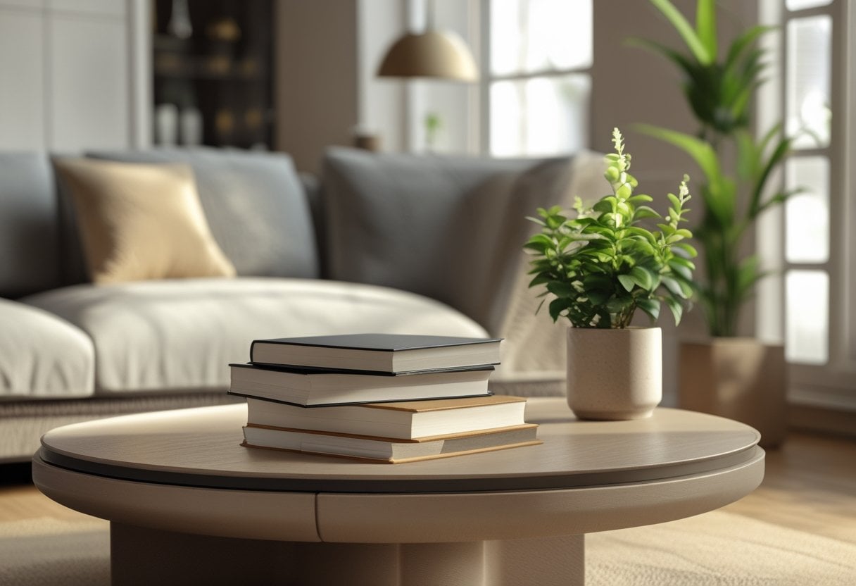 A coffee table with a neat stack of books and a small green plant in a pot.