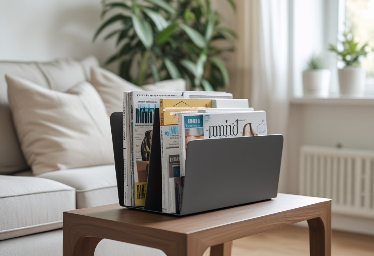A neat magazine holder with a few current magazines on a wooden side table in a tidy living room with a sofa and a small plant.