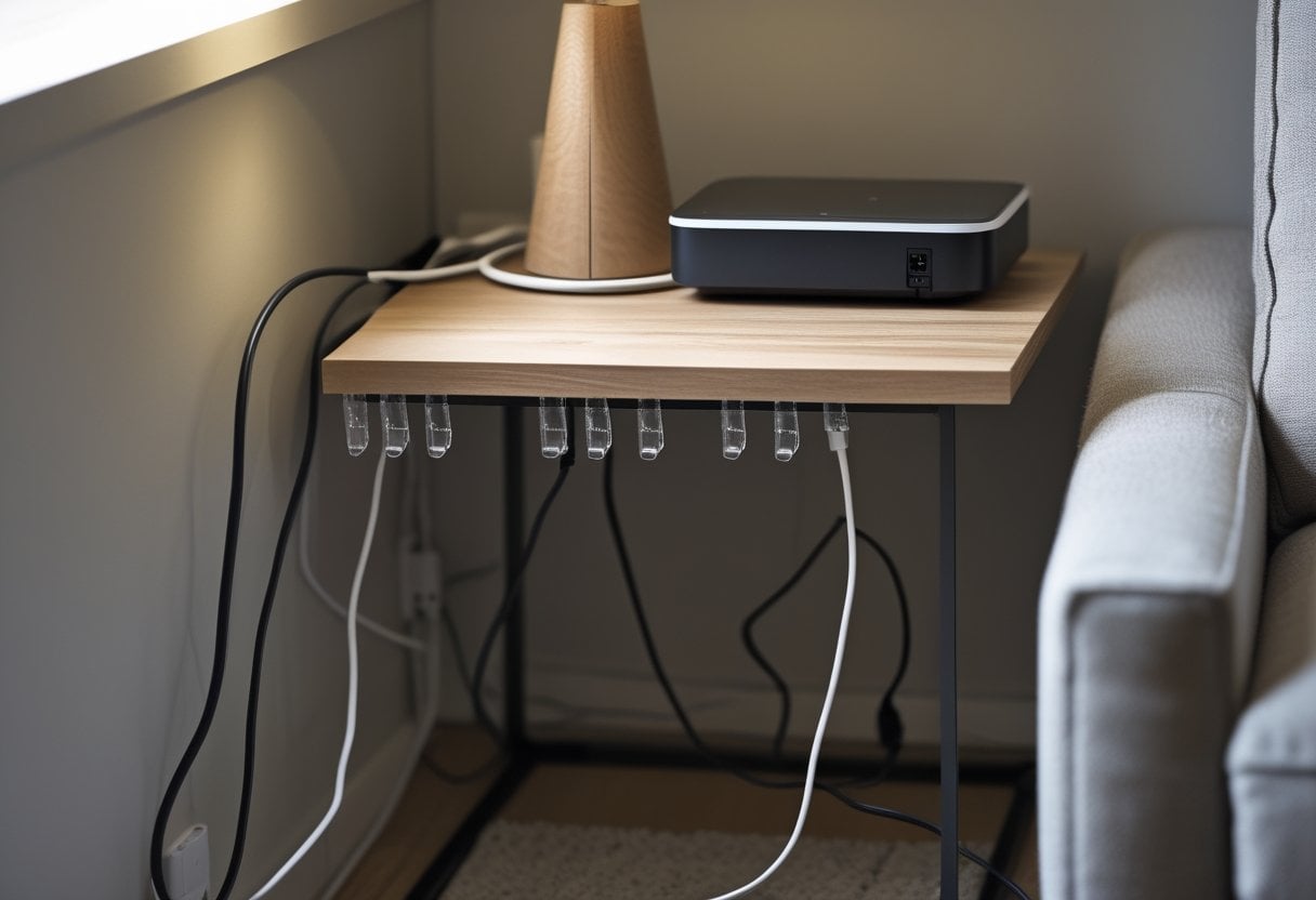 Living room corner with a side table, electronic devices, and neatly organized cables using adhesive clips and a cable management box.