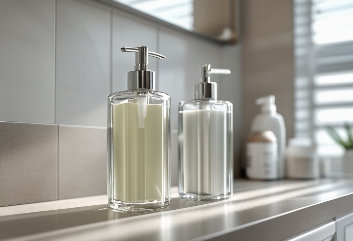 Bathroom counter with two matching glass pump dispensers on a clean surface.
