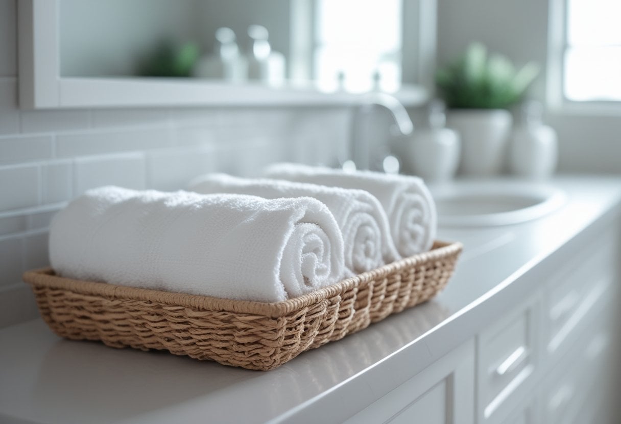 A shallow basket with neatly rolled white hand towels on a bathroom vanity countertop.