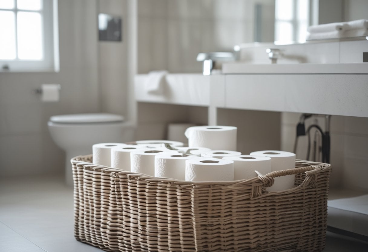 A wicker basket holding spare rolls of toilet paper in a clean bathroom.