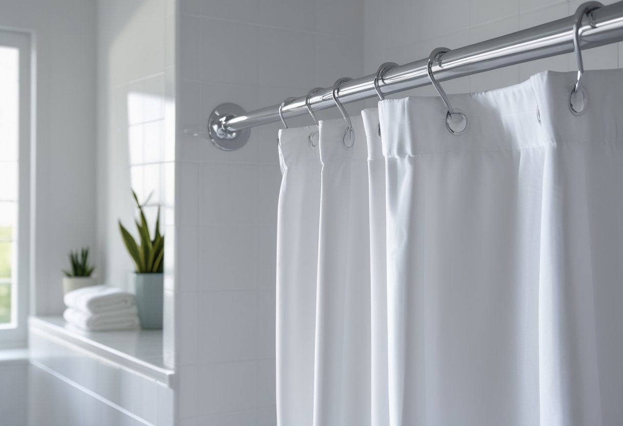 A bathroom with a neatly hung shower curtain and matching hooks on a shower rod.