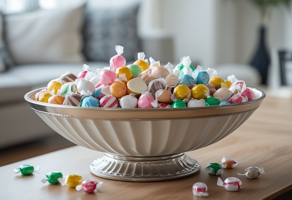 A shallow bowl filled with colorful wrapped candies and mints on a wooden surface in a clean, organized home setting.