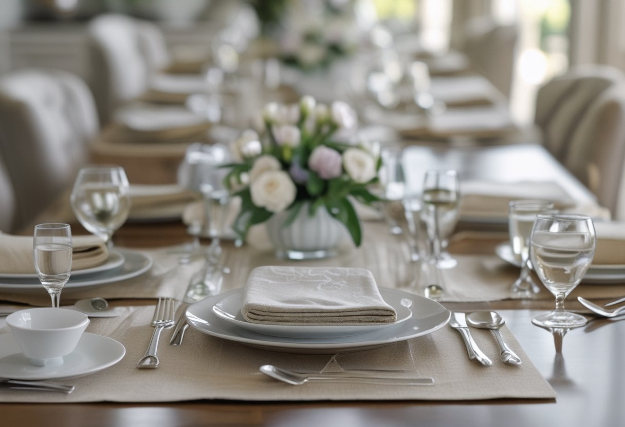 Dining table with matching place settings including plates, silverware, napkins, and glasses arranged neatly.