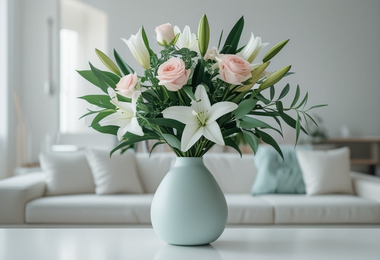 A low vase with fresh flowers arranged on a clean table in a bright, tidy room.