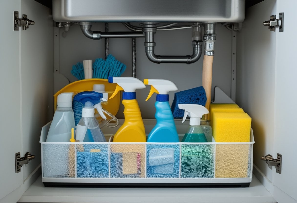 Under-sink cabinet with a neatly organized caddy holding various cleaning supplies like spray bottles, brushes, and cloths.