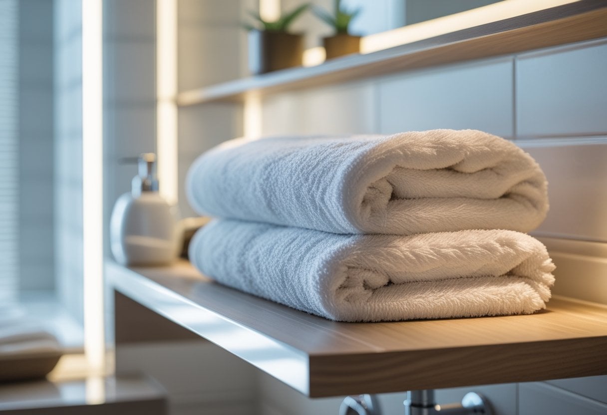Neatly folded guest towels arranged on a bathroom shelf with a soap dispenser and a small plant in the background.