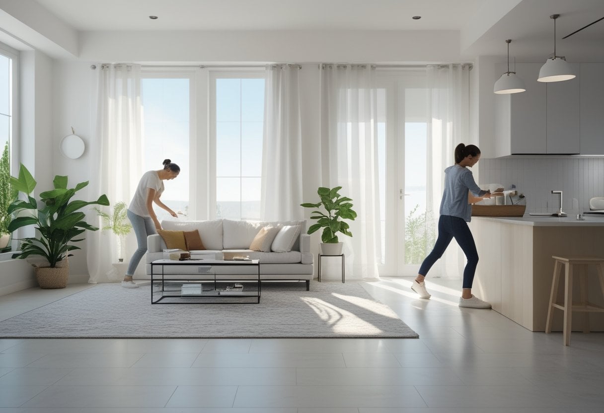 A person tidying a clean living room and another person organizing a kitchen counter in a bright home.