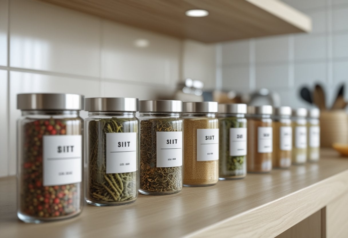 A row of neatly arranged clear spice jars with silver lids on a kitchen countertop.